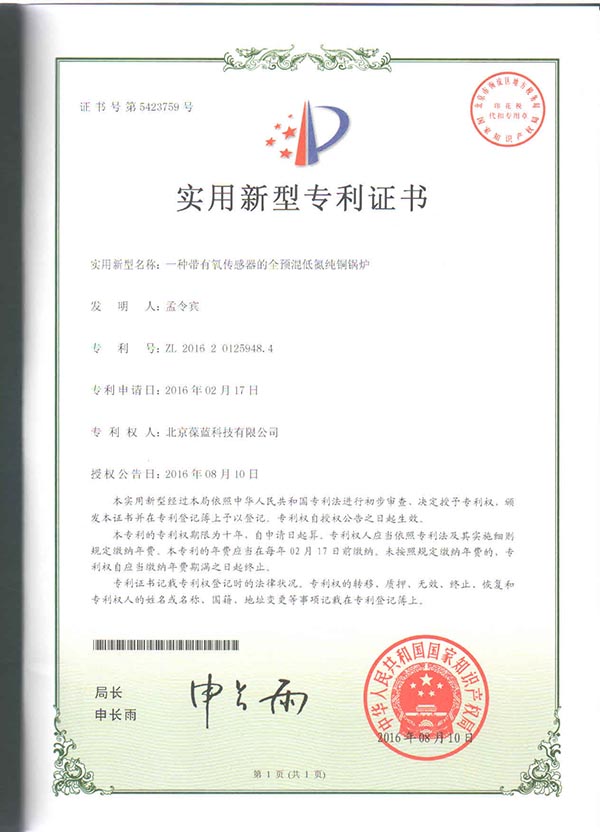 葆蓝专低氮铜管锅炉 带监控系统 专利技术